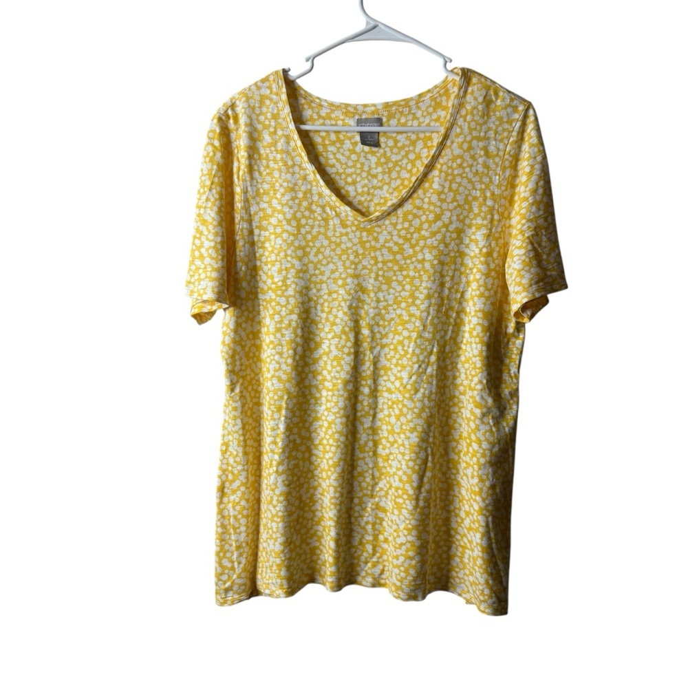 Chicos Yellow Patterned Short Sleeve Slub Knit Side Slit Blouse